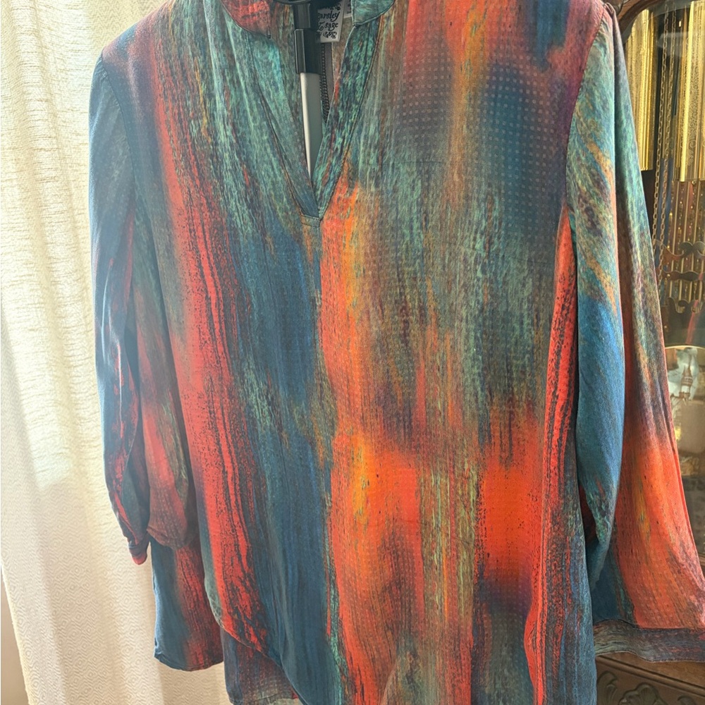 Parsley & Sage artistic tunic, top three-quarter sleeve split V-neck sizeXL ART - Picture 2 of 8